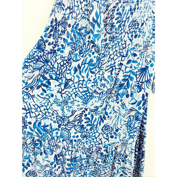 Lilly Pulitzer Kailua Smocked Seashell Print Blue Tie Shoulder Mini Dress Size M - Picture 3 of 5